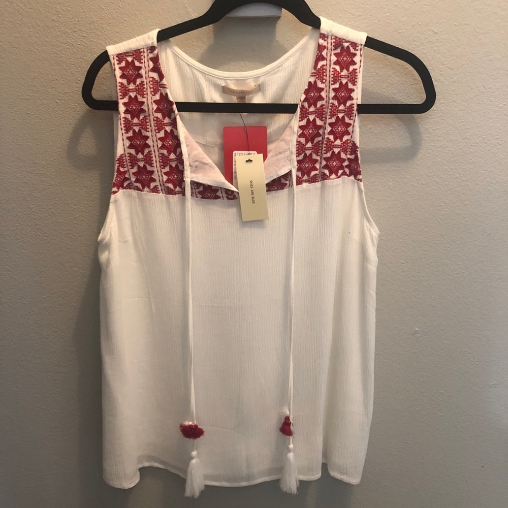 Skies are Blue Embroidered Tassel Blouse - NWT